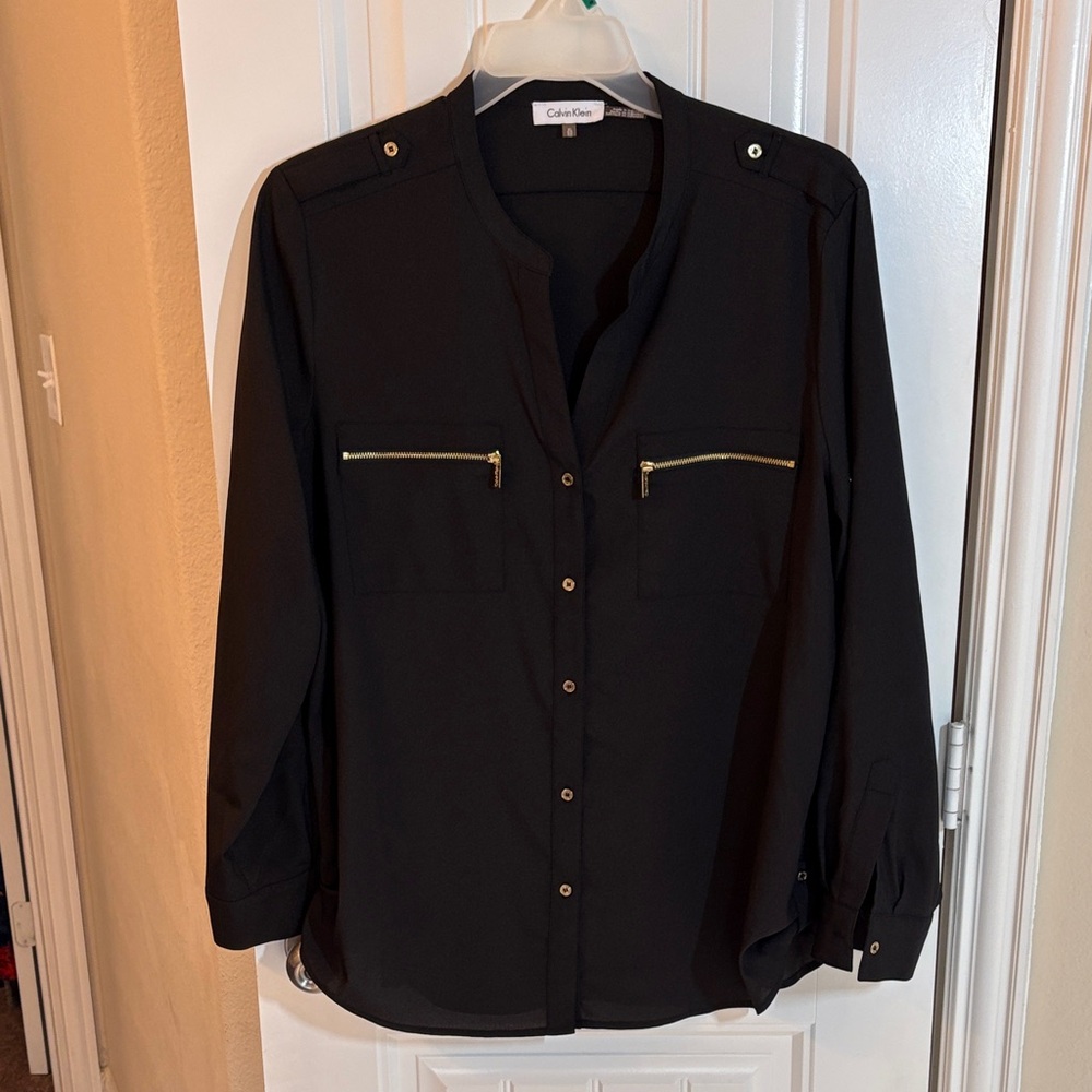 Calvin Klein Black Blouse with Gold Zipper Details